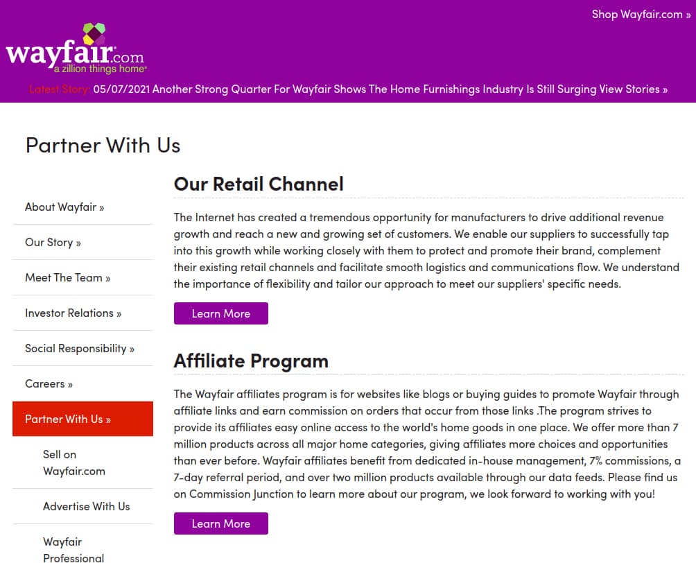 Wayfair- E-commerce affiliate programs example