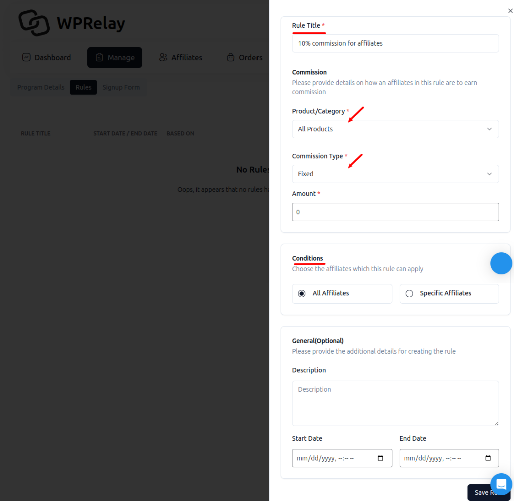 Setting affiliate commission rates for all products using WPrelay