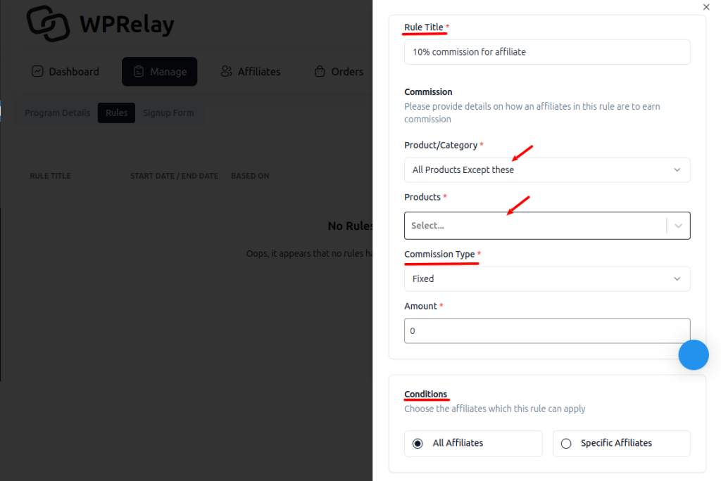 Setting affiliate marketing commission rate for all products except a few using WPrelay