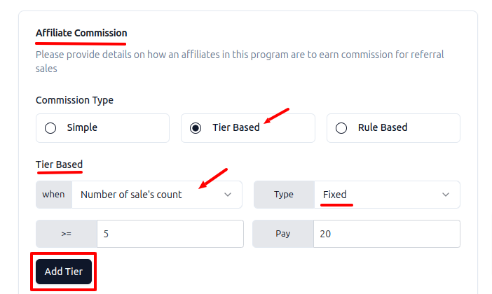 Setting affiliate payout rates for number of referrals