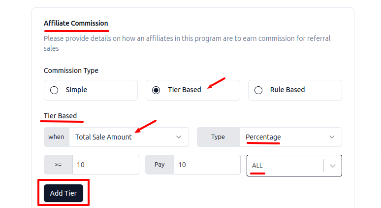 Setting affiliate payout rates for total sale amount