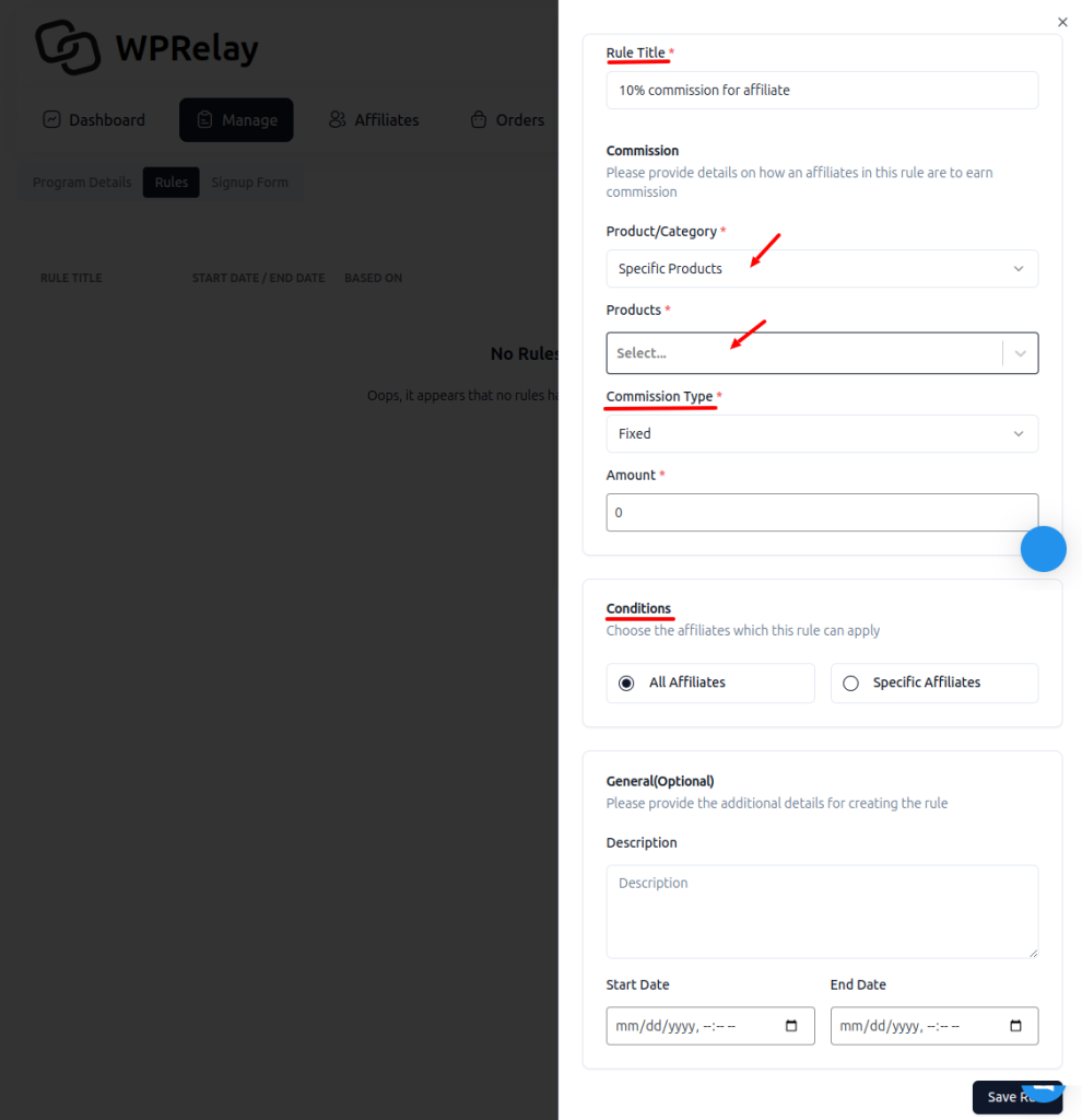 Setting affiliate program commission rates for specific products