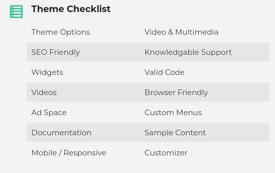 Checklist of features