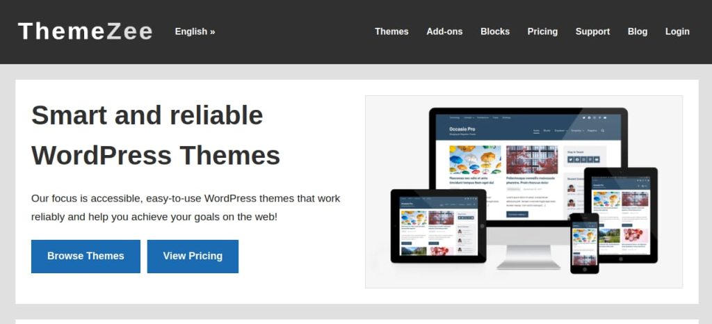 Homepage of ThemeZee with access to browse