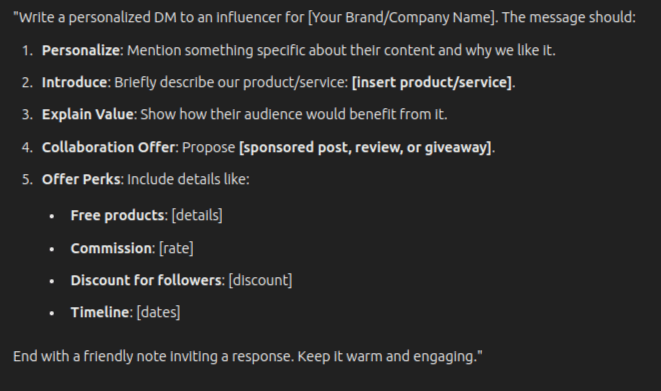 Prompt for Influencer outreach DM